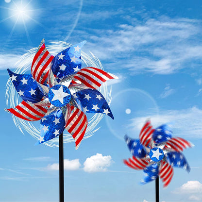 Rynx | 10 Pack Reflective Windmills Patriotic Decorations, American Flag on Stick Wind Spinner with Support for Independence Day, Memorial Day July 4th Party Supplies, Scare Birds Repellent Devices