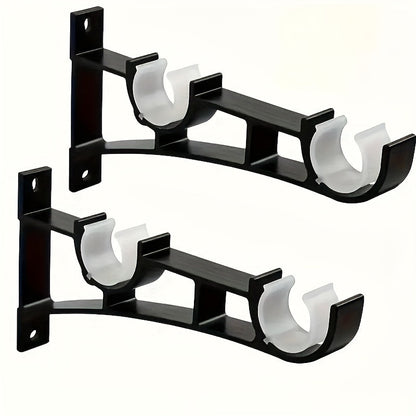 Rynx | 2 Sets Heavy Duty Curtain Rod Brackets - Black Metal Double Holder Hooks, Includes 4 Screws, Supports Up to 50kg