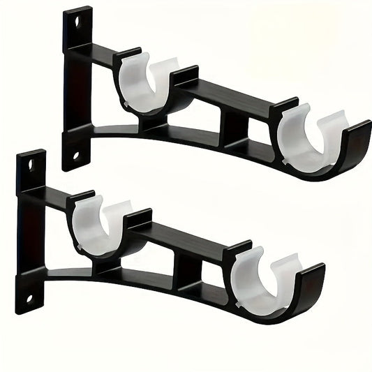 Rynx | 2 Sets Heavy Duty Curtain Rod Brackets - Black Metal Double Holder Hooks, Includes 4 Screws, Supports Up to 50kg