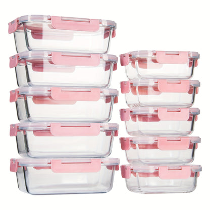 Rynx | 10-Pack Glass Meal Prep Containers Set with Airtight Lids – Durable Food Storage & Glass Lunch Boxes for Home, Kitchen, Office pink