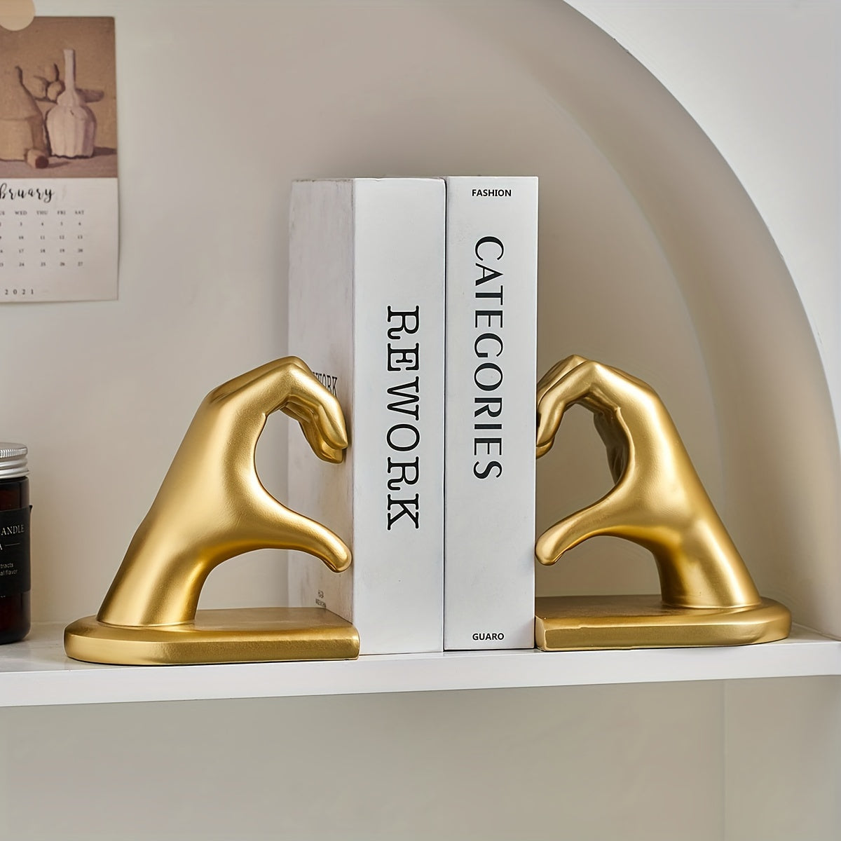 Rynx | Heavy Duty Bookends with Golden Finger Heart Design - Modern Art for Home Decoration