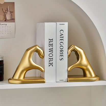 Rynx | Heavy Duty Bookends with Golden Finger Heart Design - Modern Art for Home Decoration
