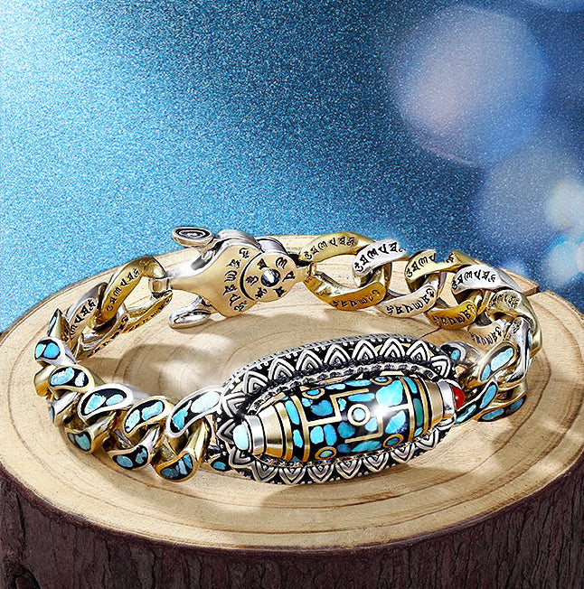 RYNX | Nine-Eye-Dzi-Bracelet With Mantra With Six Characters In Turquoise Style 1