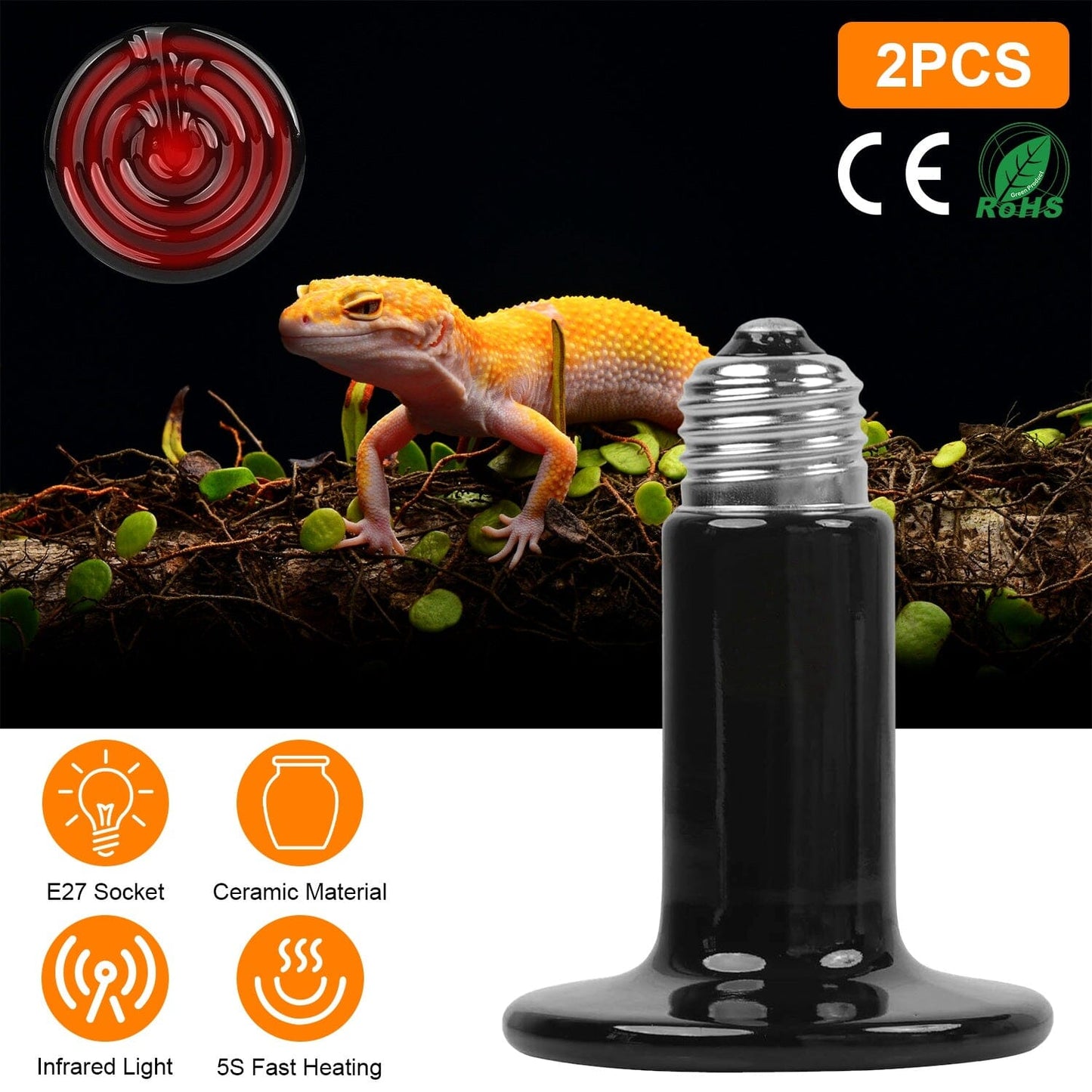 Rynx | 2 pieces: 150W Infrared Reptile Heat Lamp No Light Emission