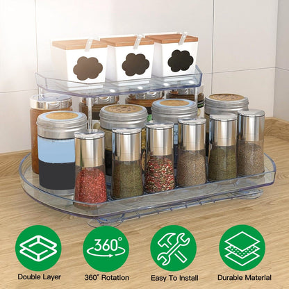 Rynx | 2-layer Plate Organizer Rectangular Refrigerator Spinning Storage Shelf with 360° Rotatable Rails