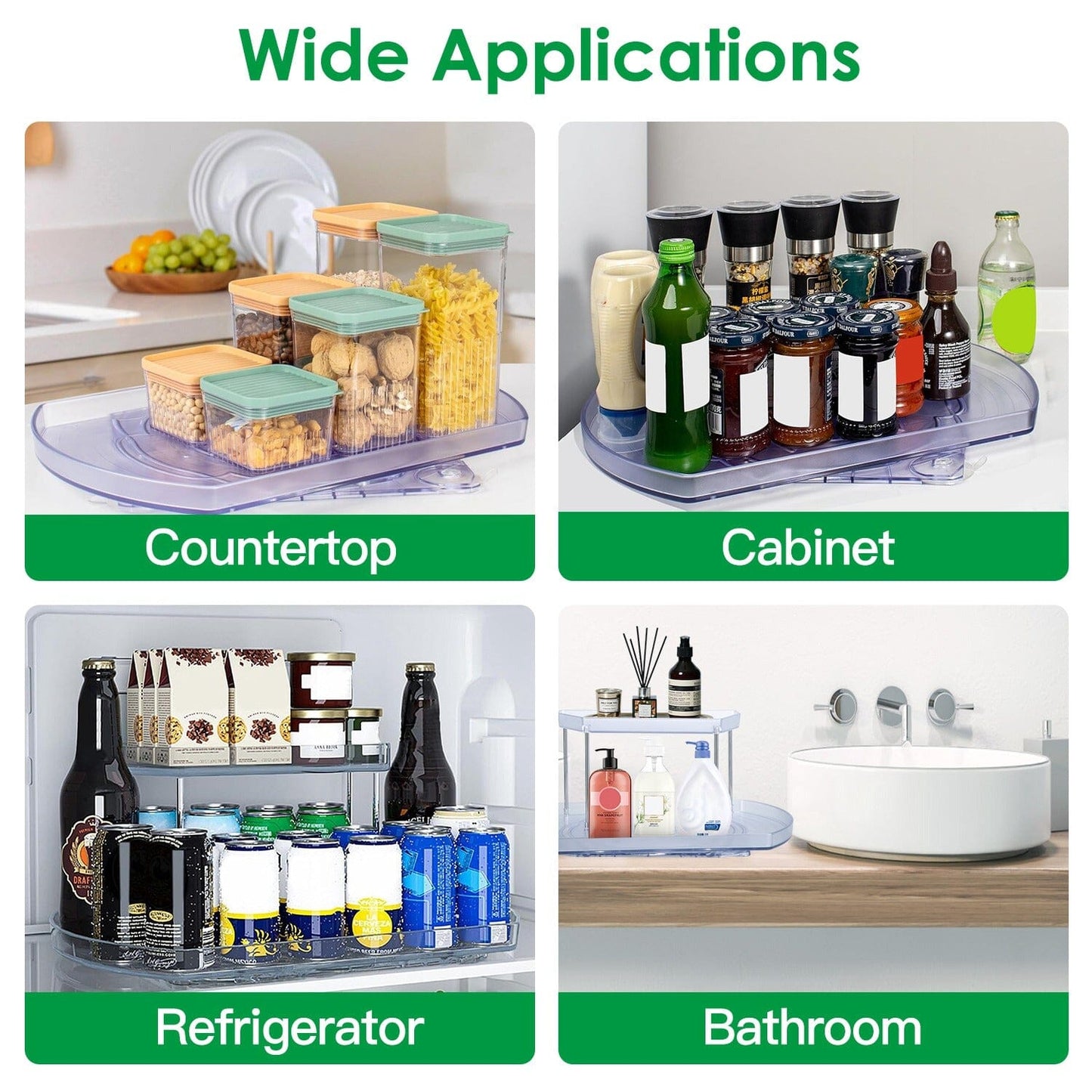 Rynx | 2-layer Plate Organizer Rectangular Refrigerator Spinning Storage Shelf with 360° Rotatable Rails