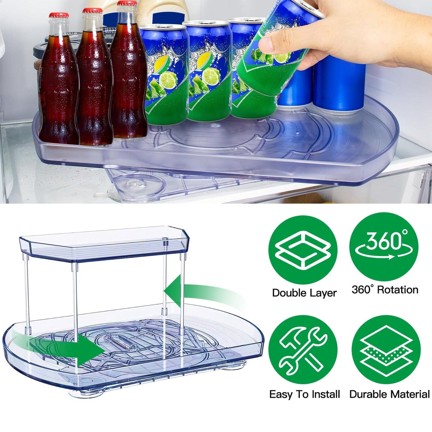 Rynx | 2-layer Plate Organizer Rectangular Refrigerator Spinning Storage Shelf with 360° Rotatable Rails