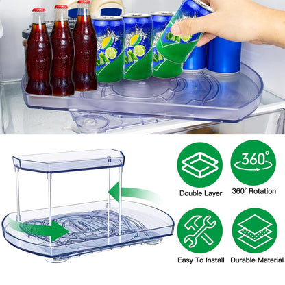 Rynx | 2-layer Plate Organizer Rectangular Refrigerator Spinning Storage Shelf with 360° Rotatable Rails