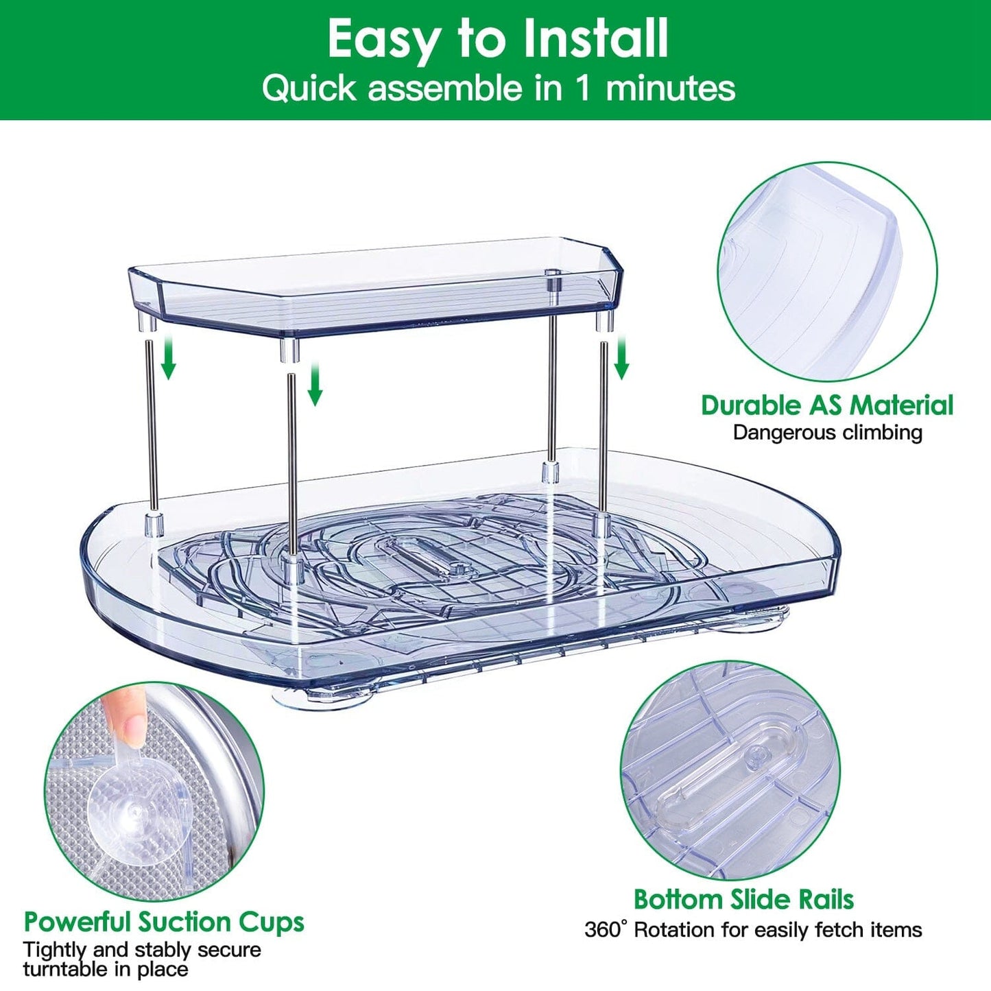 Rynx | 2-layer Plate Organizer Rectangular Refrigerator Spinning Storage Shelf with 360° Rotatable Rails