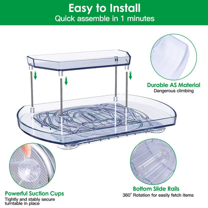 Rynx | 2-layer Plate Organizer Rectangular Refrigerator Spinning Storage Shelf with 360° Rotatable Rails