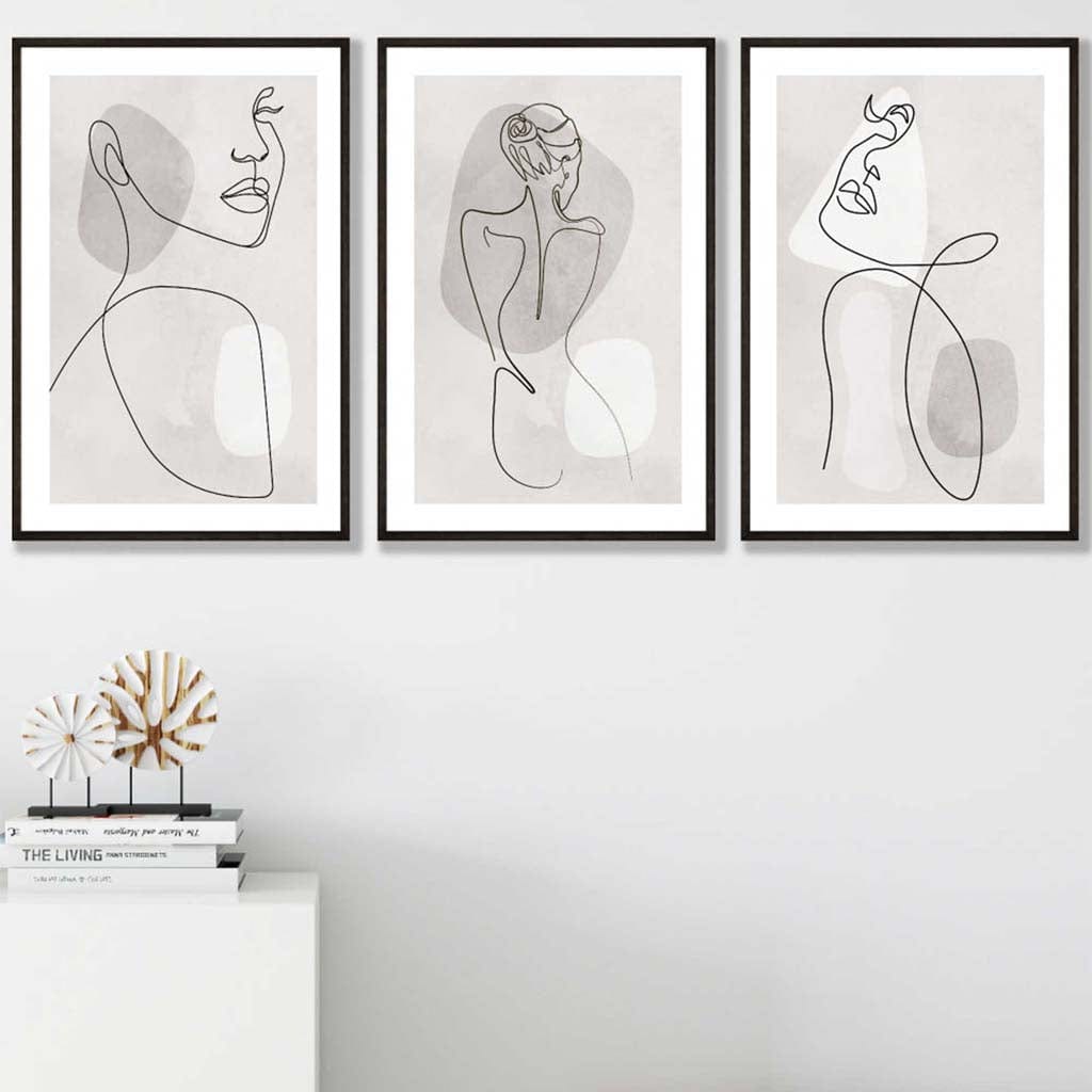Rynx | Gray & Beige Abstract Minimal Line Art Female Set of 3 Art Prints 50x70cm
