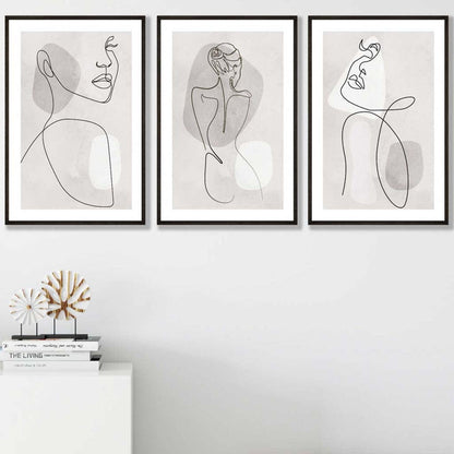 Rynx | Gray & Beige Abstract Minimal Line Art Female Set of 3 Art Prints 50x70cm