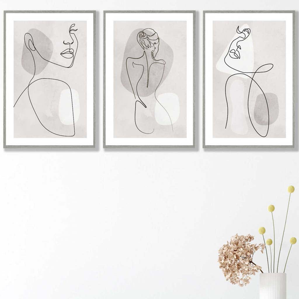 Rynx | Gray & Beige Abstract Minimal Line Art Female Set of 3 Art Prints