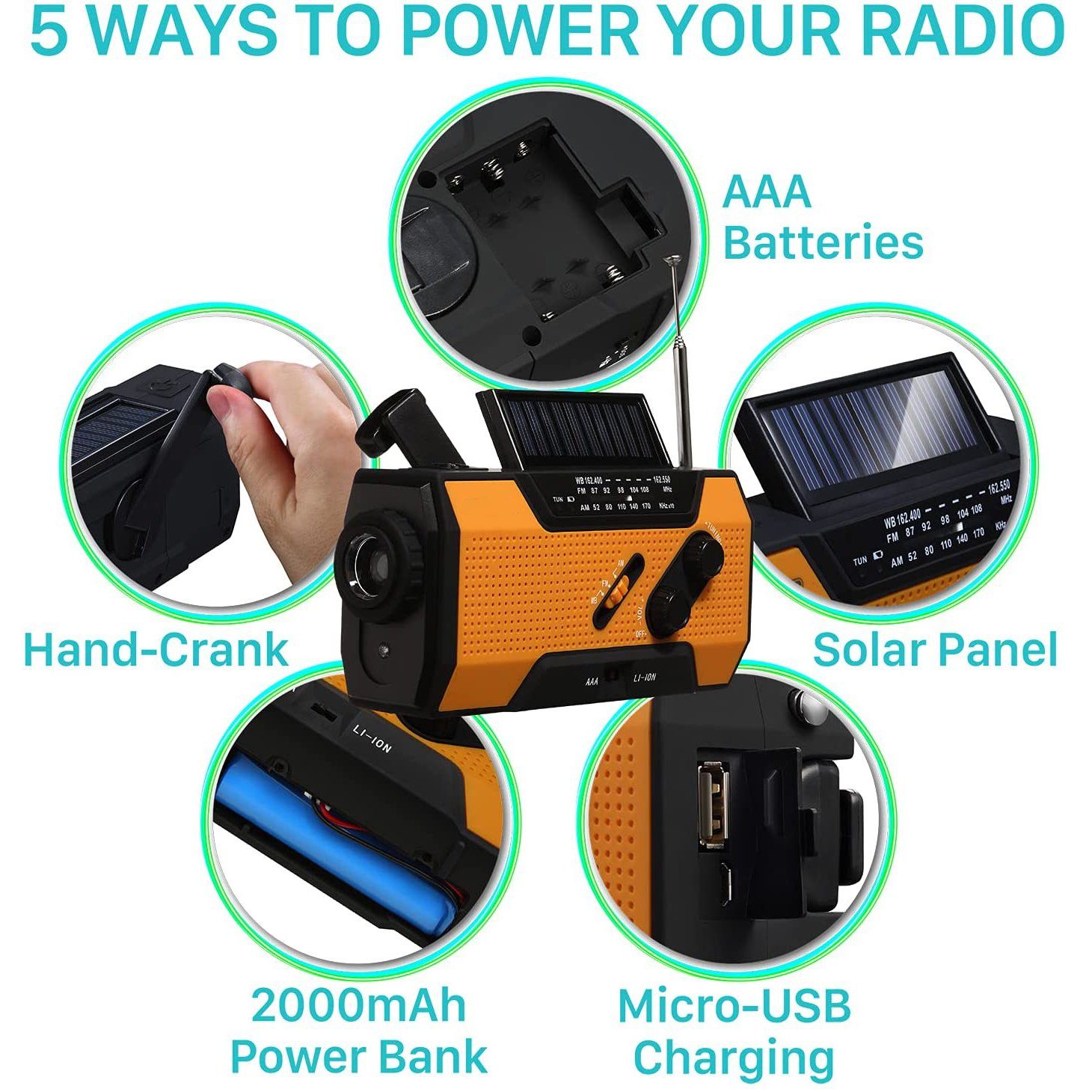 Rynx | 2000mAh NOAA Emergency Weather Radio Portable Power Bank with Solar Charging