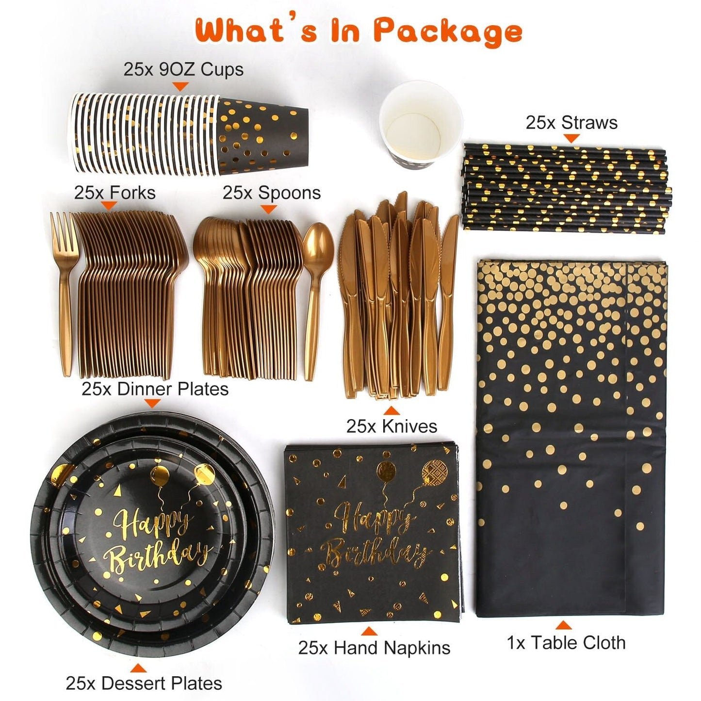 Rynx | 201 Pieces: Black Gold Disposable Tableware Set