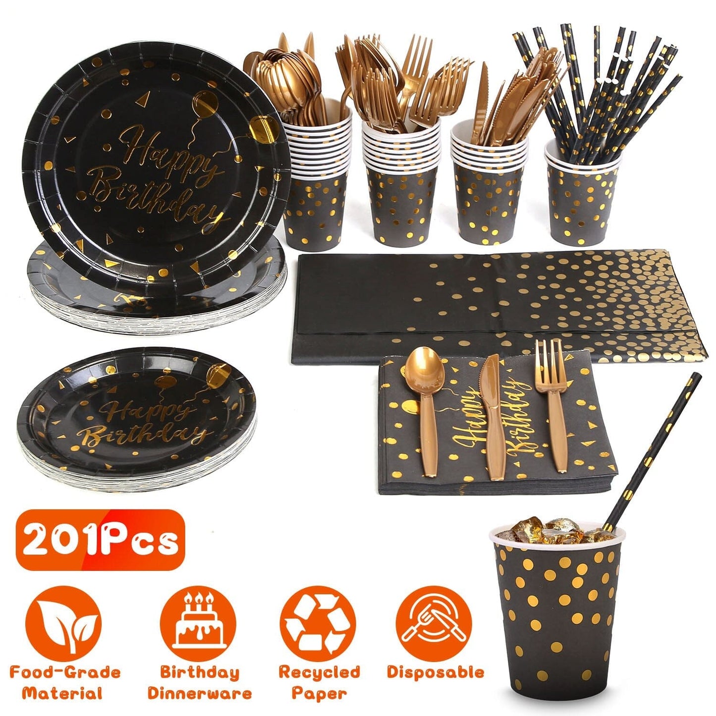 Rynx | 201 Pieces: Black Gold Disposable Tableware Set