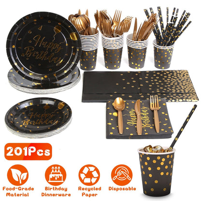 Rynx | 201 Pieces: Black Gold Disposable Tableware Set