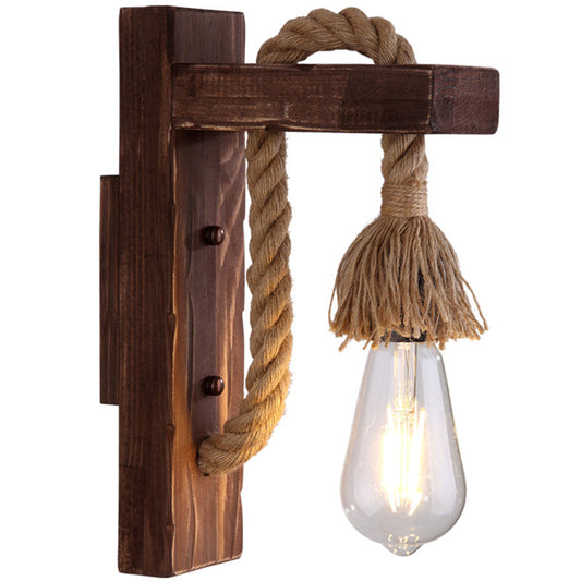 Rynx | Brown L-shaped wall-mounted lighting Rustic wood 1 light dining room wall light with hemp rope cable