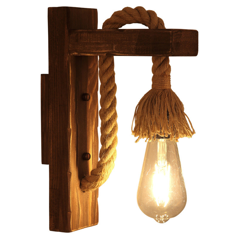 Rynx | Brown L-shaped wall-mounted lighting Rustic wood 1 light dining room wall light with hemp rope cable