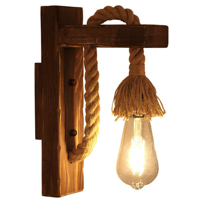 Rynx | Brown L-shaped wall-mounted lighting Rustic wood 1 light dining room wall light with hemp rope cable