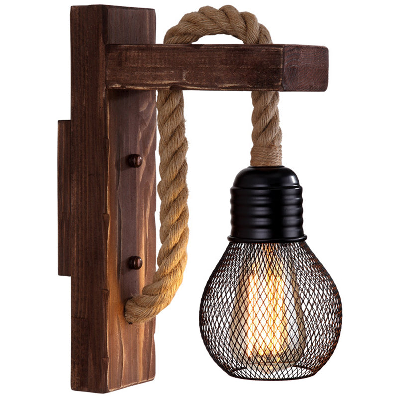 Rynx | Brown L-shaped wall-mounted lighting Rustic wood 1 light dining room wall light with hemp rope cable