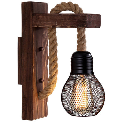 Rynx | Brown L-shaped wall-mounted lighting Rustic wood 1 light dining room wall light with hemp rope cable