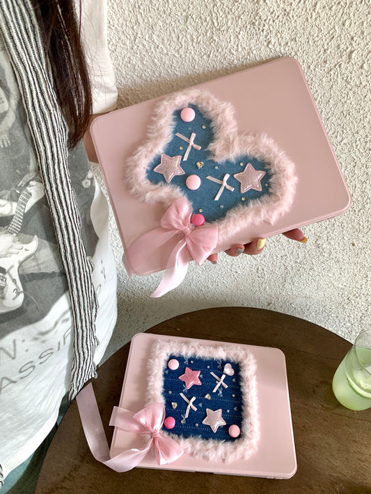 Rynx | Pink Heart & Star Patchwork iPad Case with Stand – Sweet Denim Bow Design for iPad