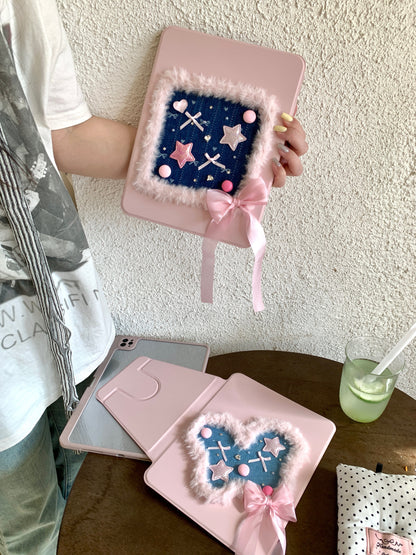Rynx | Pink Heart & Star Patchwork iPad Case with Stand – Sweet Denim Bow Design for iPad