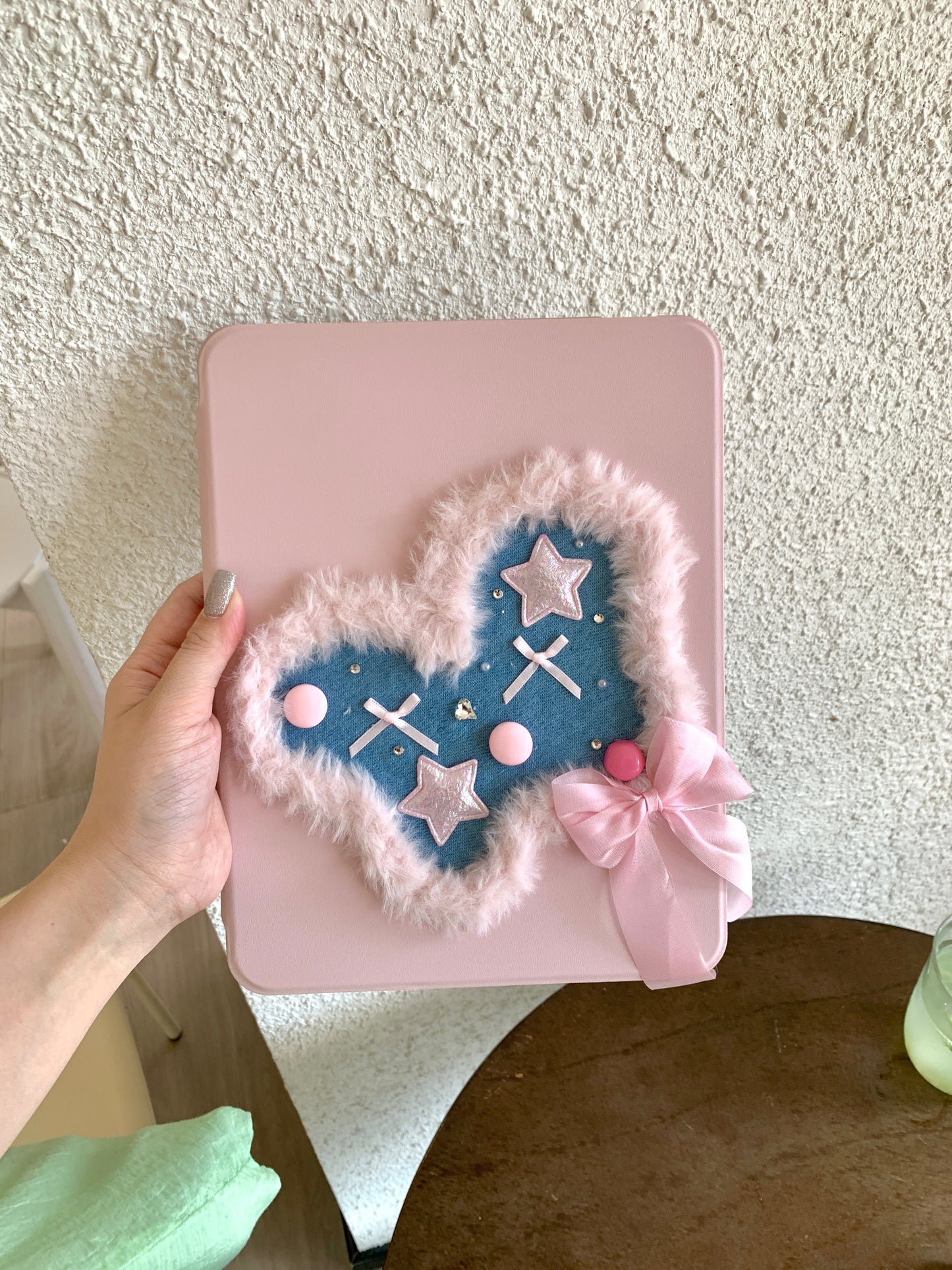 Rynx | Pink Heart & Star Patchwork iPad Case with Stand – Sweet Denim Bow Design for iPad
