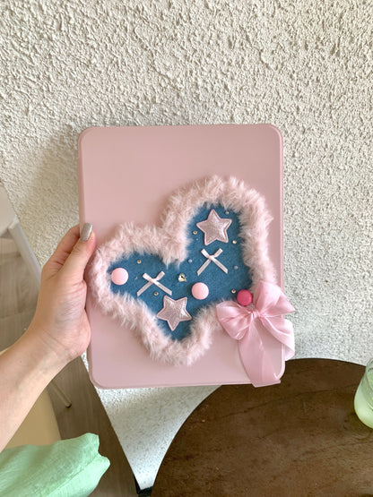 Rynx | Pink Heart & Star Patchwork iPad Case with Stand – Sweet Denim Bow Design for iPad