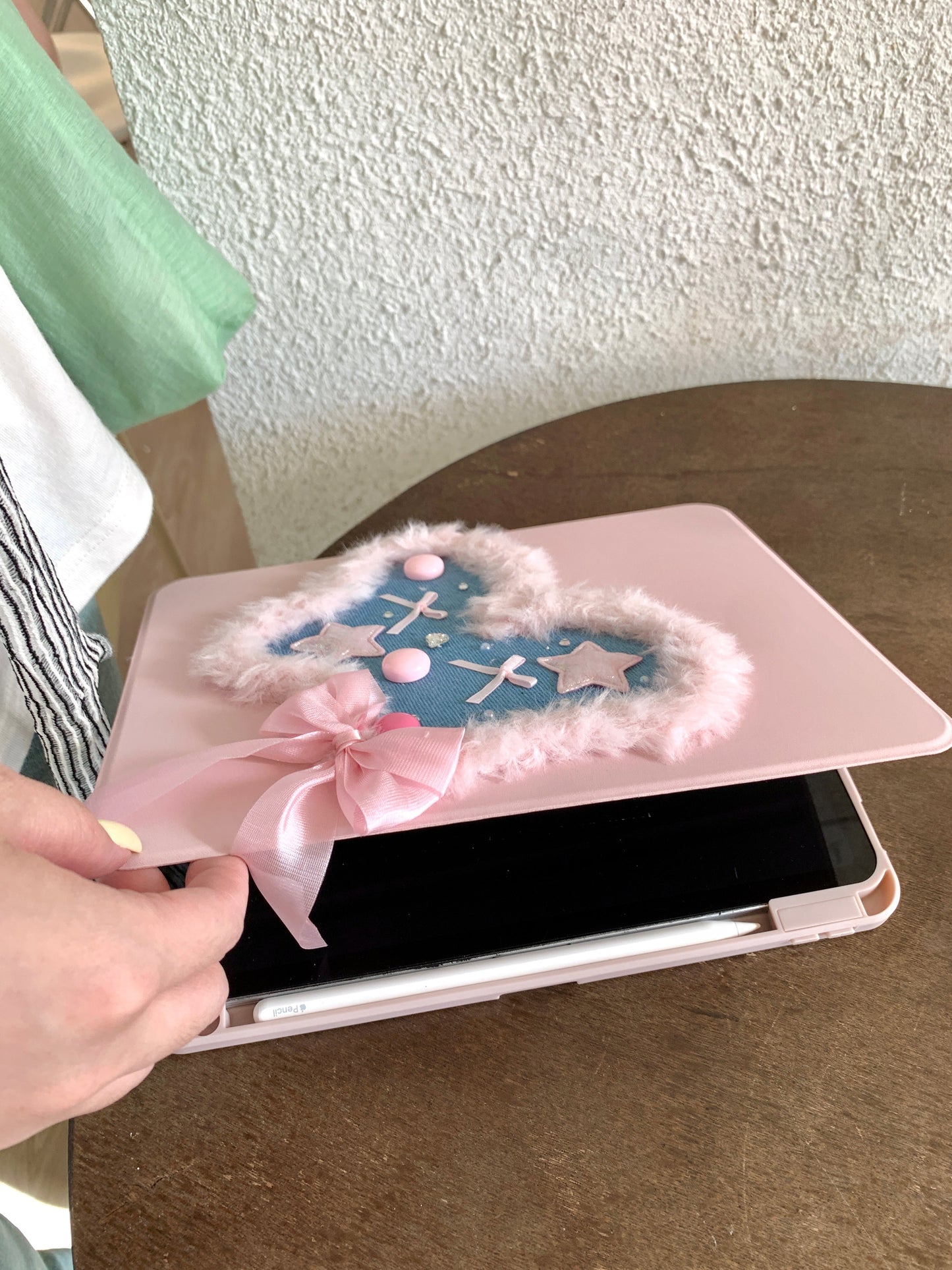 Rynx | Pink Heart & Star Patchwork iPad Case with Stand – Sweet Denim Bow Design for iPad