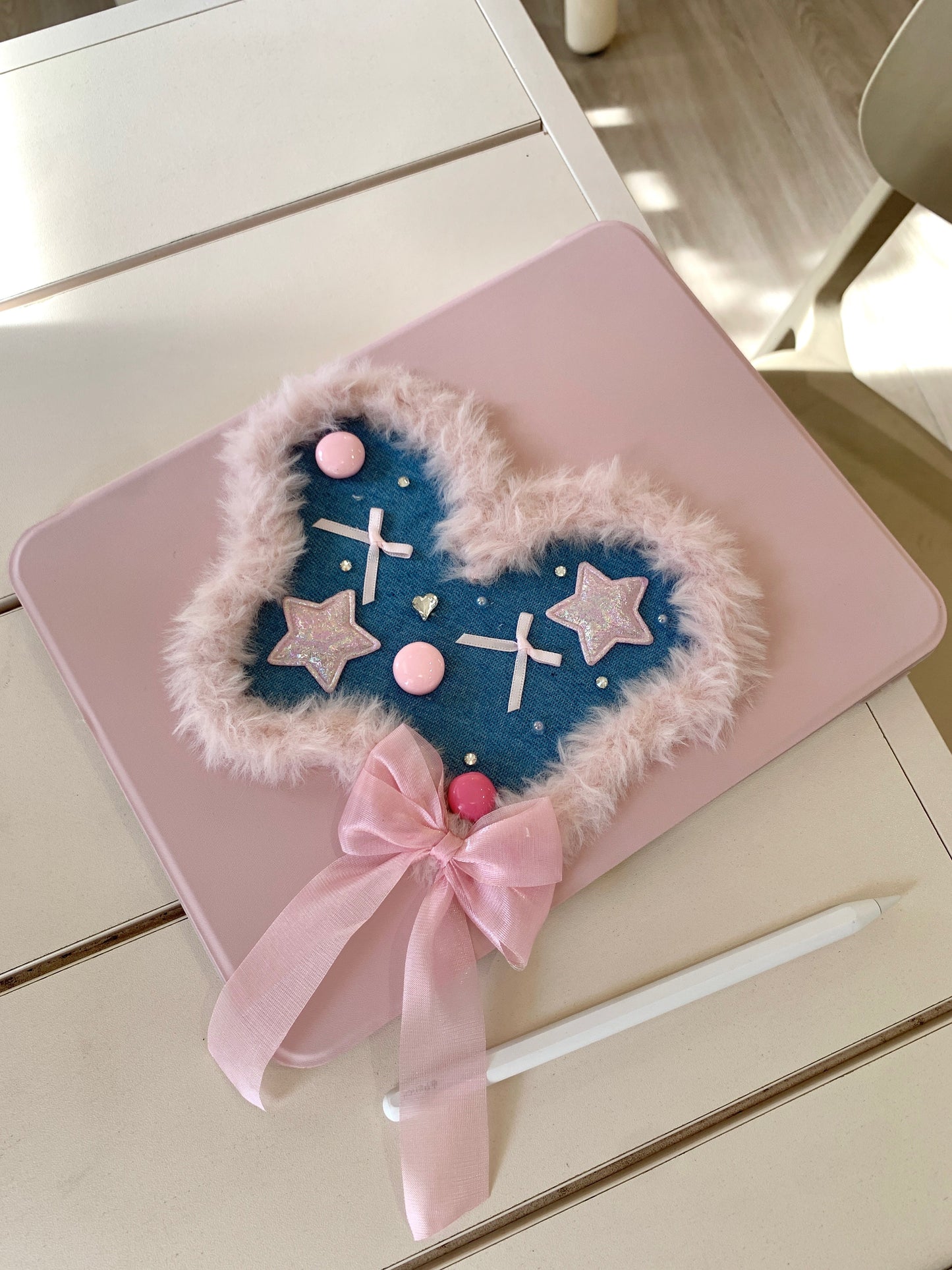 Rynx | Pink Heart & Star Patchwork iPad Case with Stand – Sweet Denim Bow Design for iPad