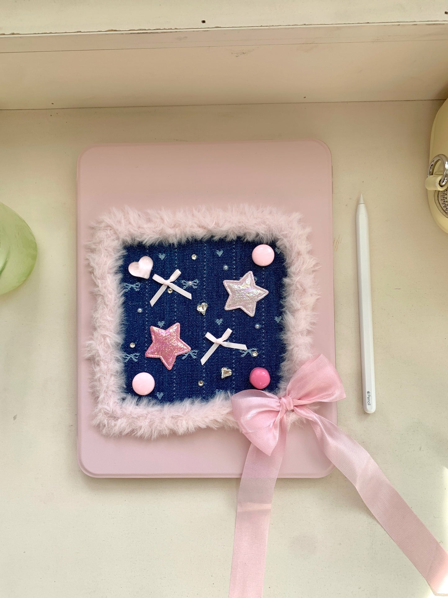 Rynx | Pink Heart & Star Patchwork iPad Case with Stand – Sweet Denim Bow Design for iPad