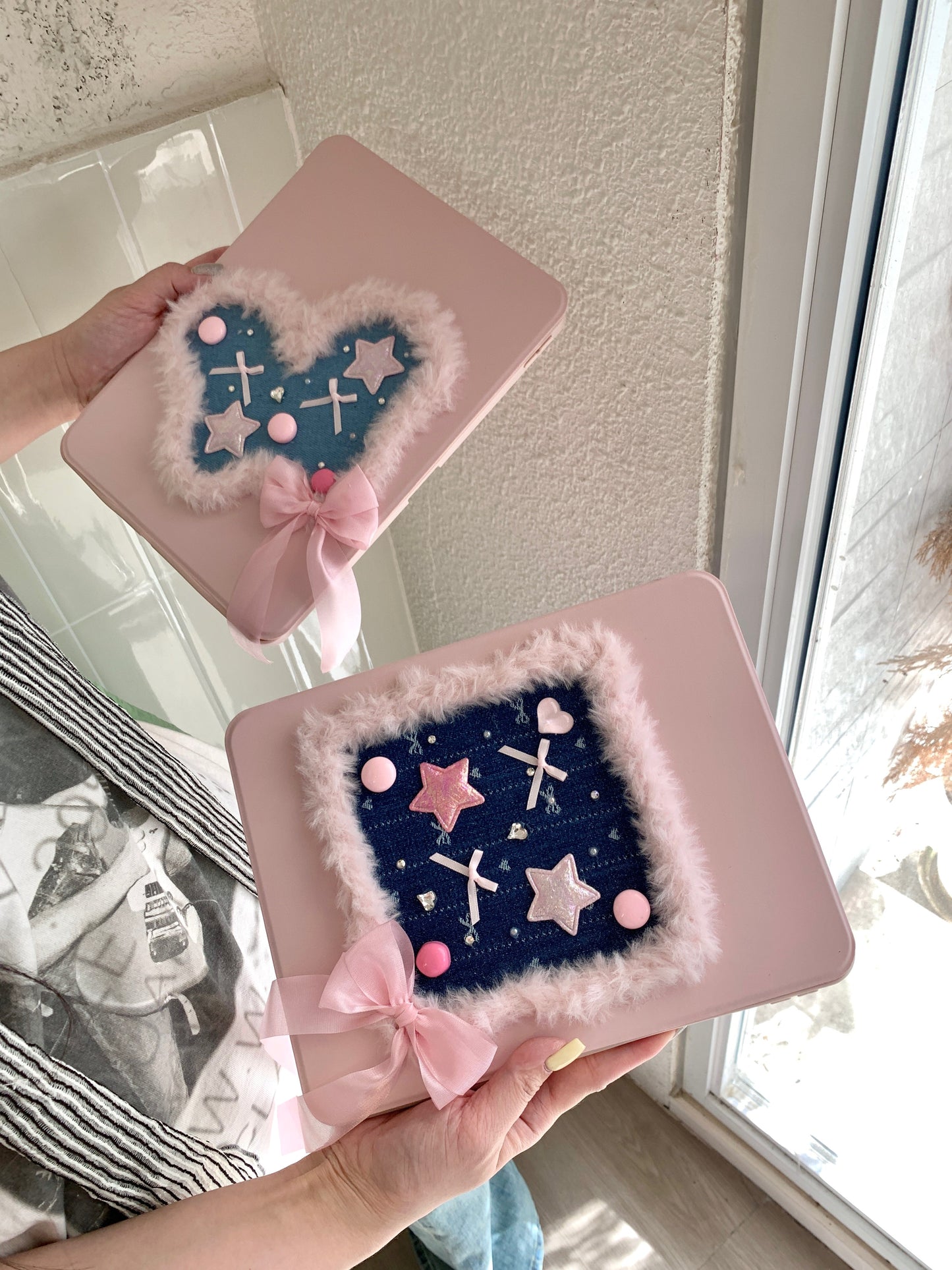 Rynx | Pink Heart & Star Patchwork iPad Case with Stand – Sweet Denim Bow Design for iPad