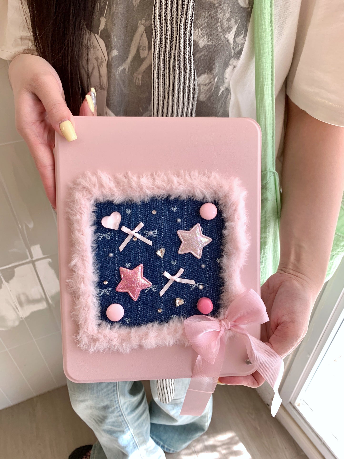 Rynx | Pink Heart & Star Patchwork iPad Case with Stand – Sweet Denim Bow Design for iPad