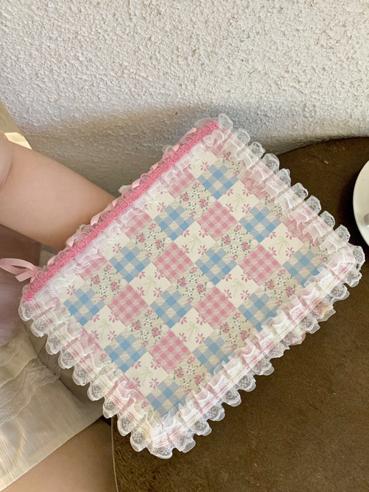 Rynx | Pastel Gingham Lace iPad Case – Pink & Blue Flower Stand Cover with Ruffle Hem