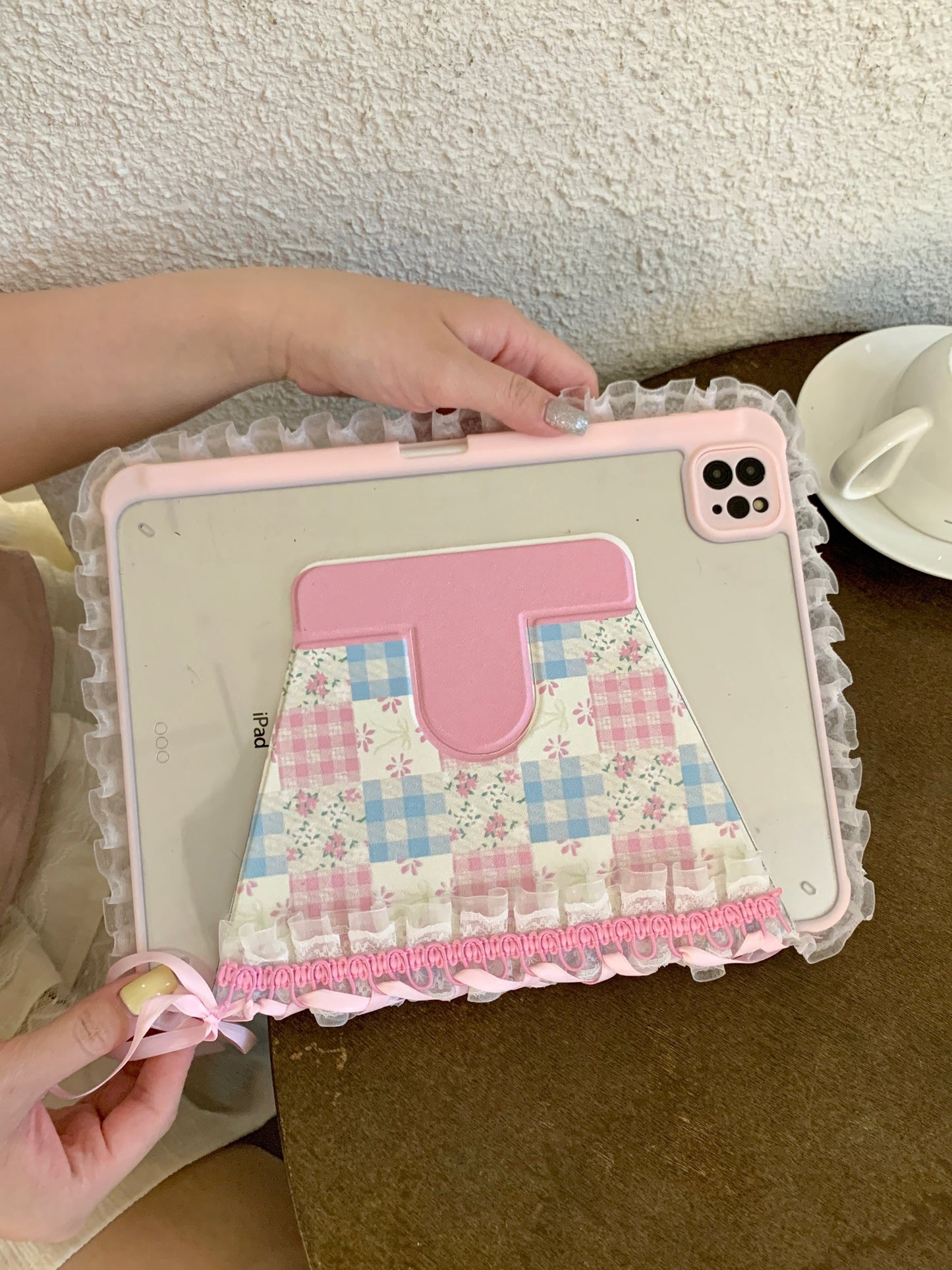 Rynx | Pastel Gingham Lace iPad Case – Pink & Blue Flower Stand Cover with Ruffle Hem