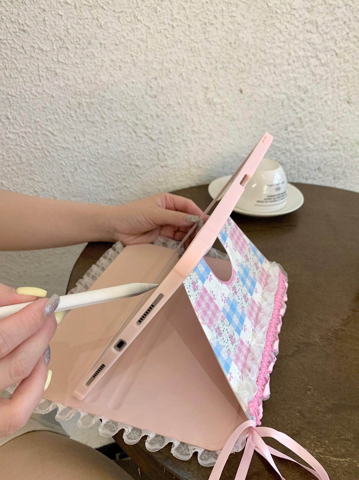 Rynx | Pastel Gingham Lace iPad Case – Pink & Blue Flower Stand Cover with Ruffle Hem