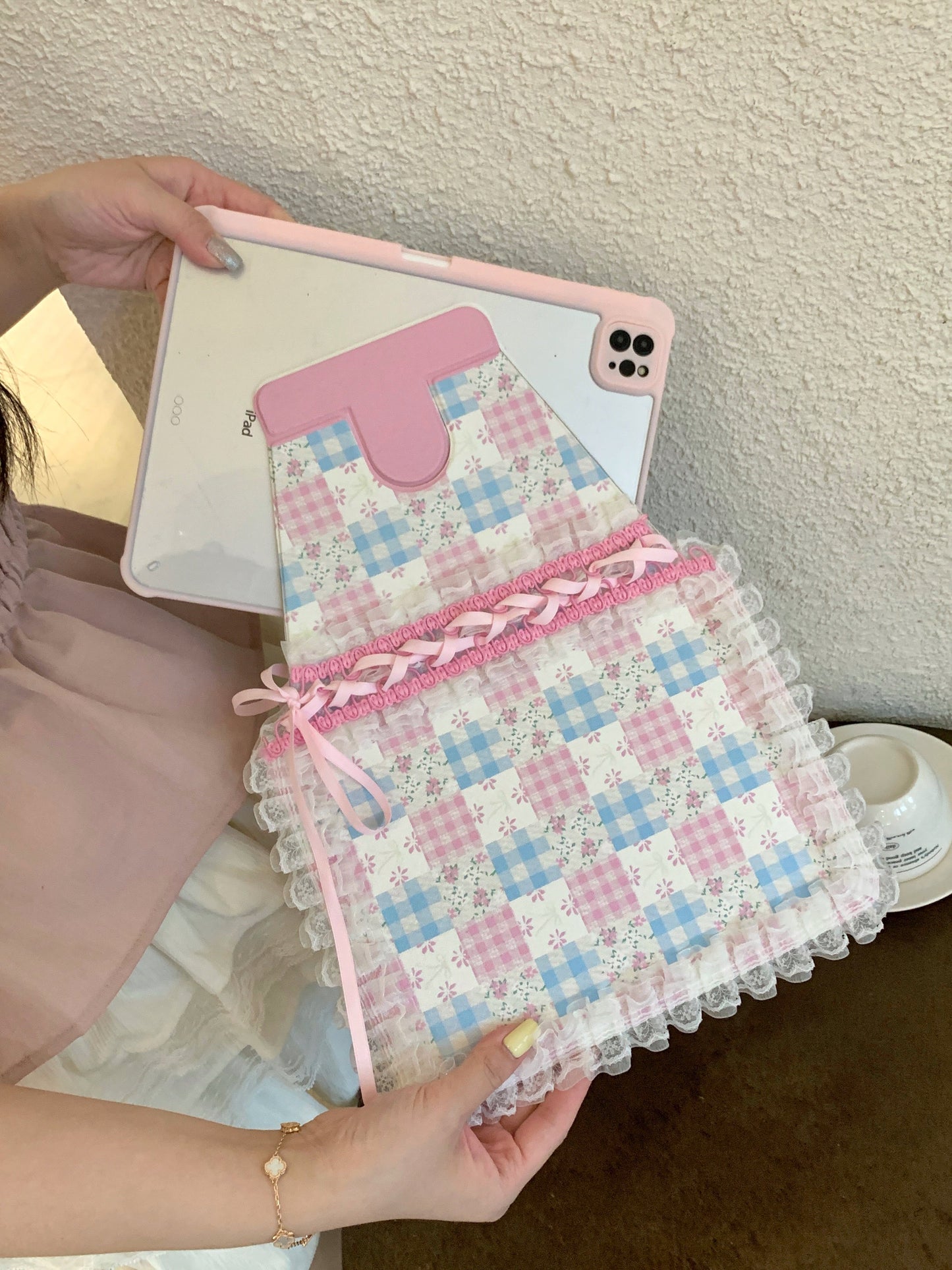 Rynx | Pastel Gingham Lace iPad Case – Pink & Blue Flower Stand Cover with Ruffle Hem