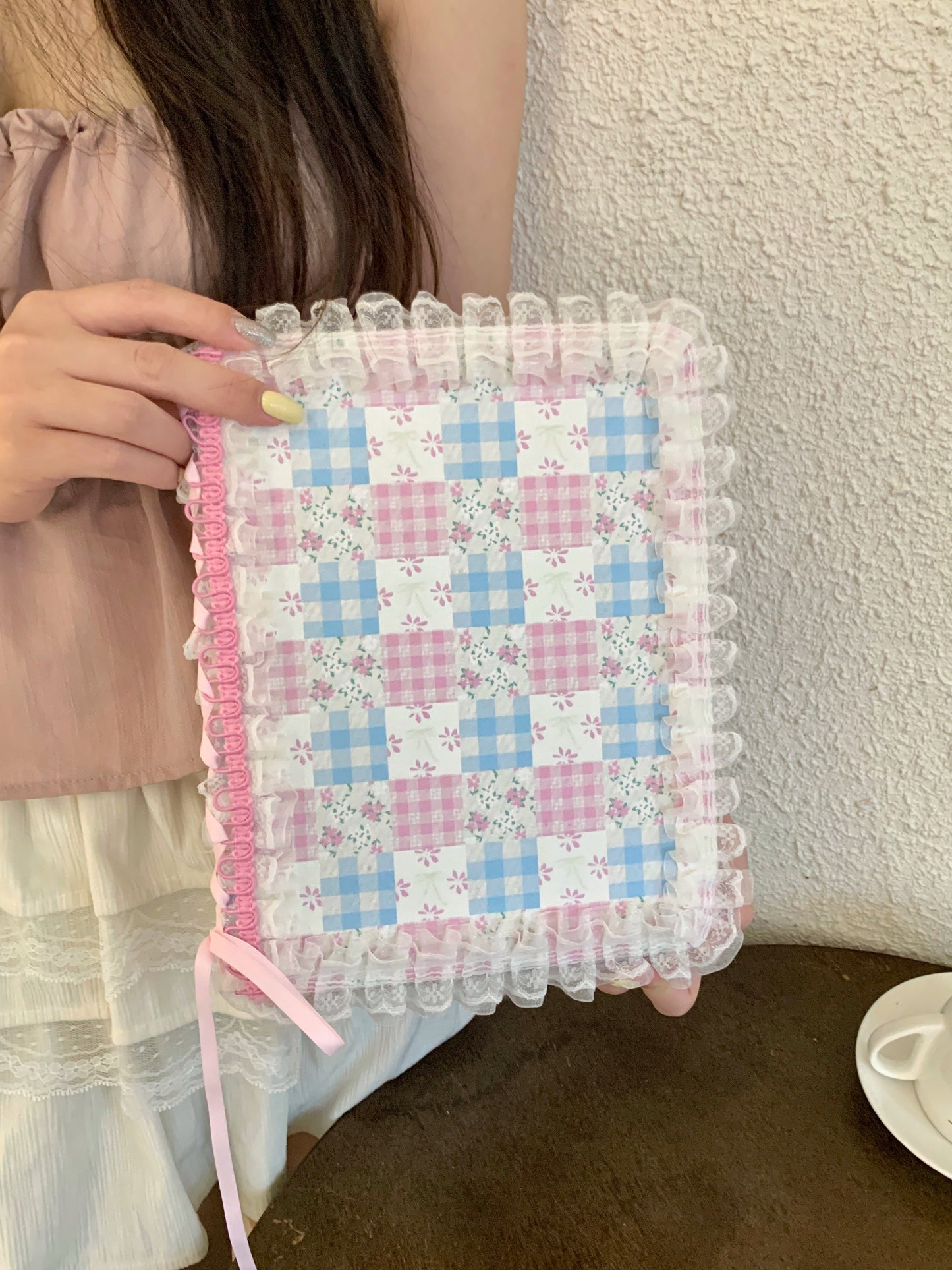 Rynx | Pastel Gingham Lace iPad Case – Pink & Blue Flower Stand Cover with Ruffle Hem