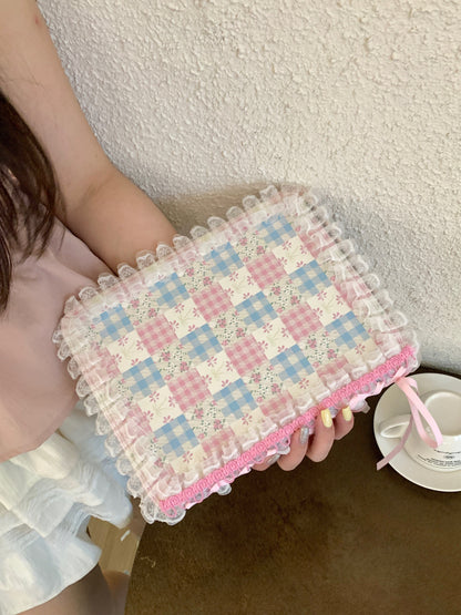 Rynx | Pastel Gingham Lace iPad Case – Pink & Blue Flower Stand Cover with Ruffle Hem