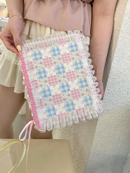 Rynx | Pastel Gingham Lace iPad Case – Pink & Blue Flower Stand Cover with Ruffle Hem