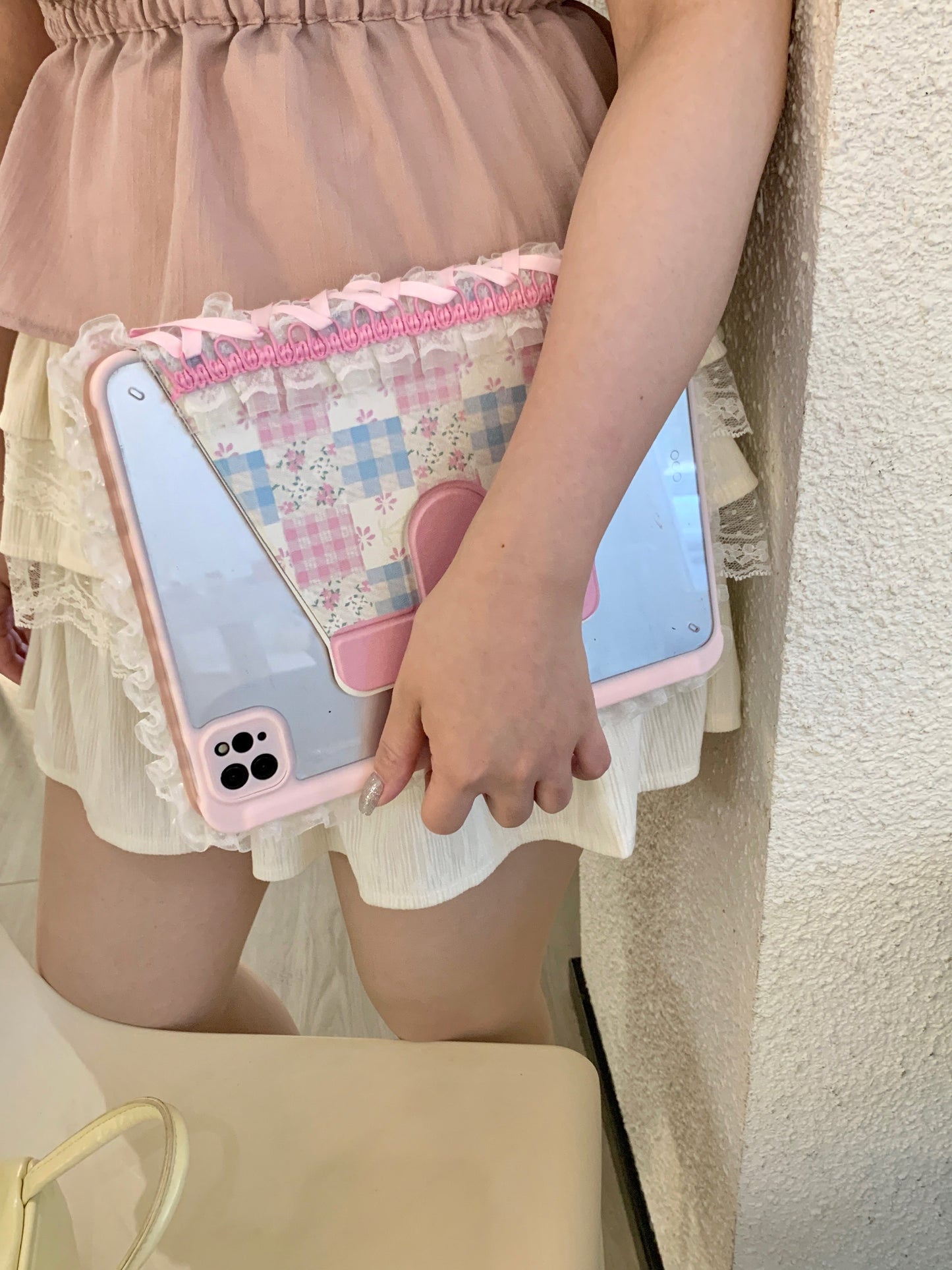 Rynx | Pastel Gingham Lace iPad Case – Pink & Blue Flower Stand Cover with Ruffle Hem