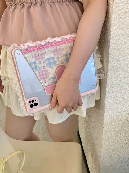 Rynx | Pastel Gingham Lace iPad Case – Pink & Blue Flower Stand Cover with Ruffle Hem