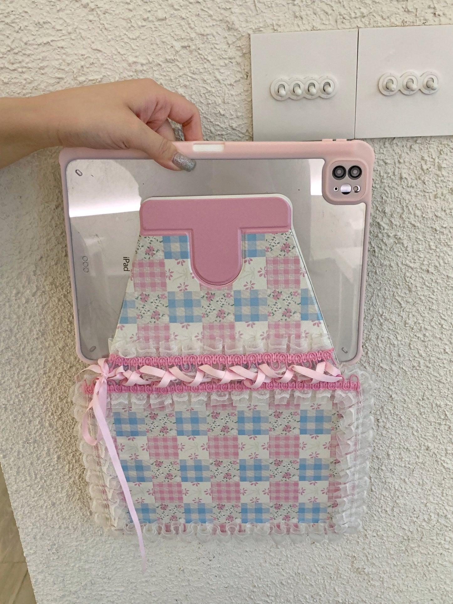Rynx | Pastel Gingham Lace iPad Case – Pink & Blue Flower Stand Cover with Ruffle Hem
