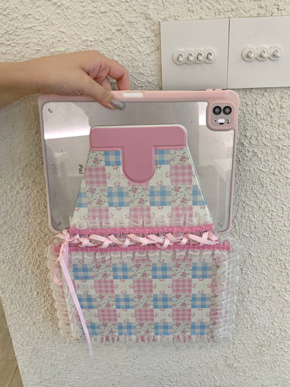 Rynx | Pastel Gingham Lace iPad Case – Pink & Blue Flower Stand Cover with Ruffle Hem