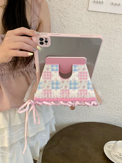 Rynx | Pastel Gingham Lace iPad Case – Pink & Blue Flower Stand Cover with Ruffle Hem