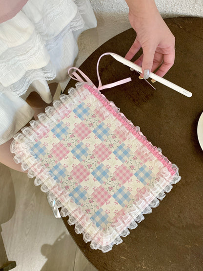Rynx | Pastel Gingham Lace iPad Case – Pink & Blue Flower Stand Cover with Ruffle Hem