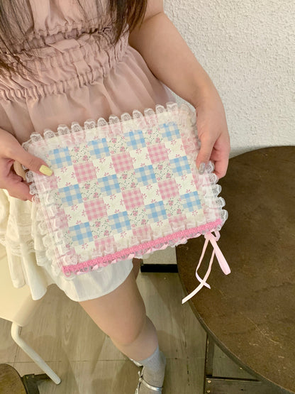 Rynx | Pastel Gingham Lace iPad Case – Pink & Blue Flower Stand Cover with Ruffle Hem