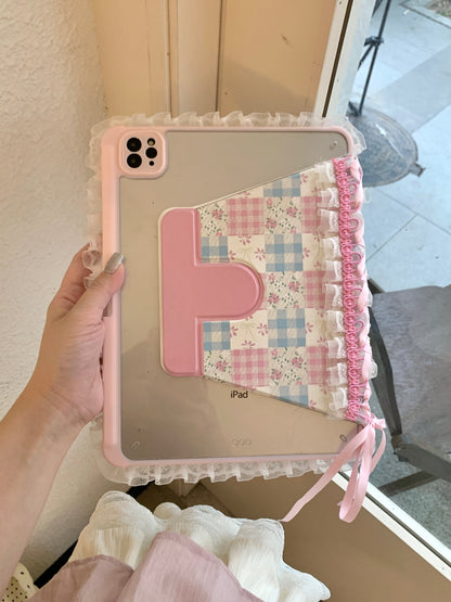 Rynx | Pastel Gingham Lace iPad Case – Pink & Blue Flower Stand Cover with Ruffle Hem
